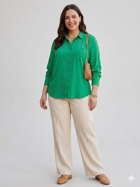 J.Crew 100% Silk Button-Down Shirt Emerald Green Plus Size 22 Elegant Blouse